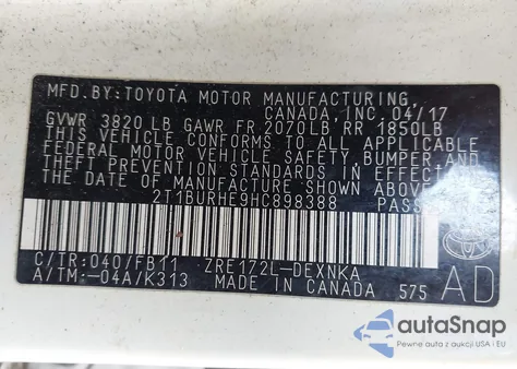 2017 Toyota Corolla Le z USA, uszkodzony, nr VIN 2T1BURHE9HC898388